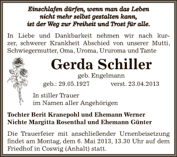 Traueranzeige von Gerda Schiller von WVG - Wochenspiegel Dessau / Köthen