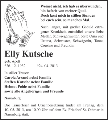 Traueranzeige von Elly Kutsche von WVG - Wochenspiegel NMB / WSF / ZTZ
