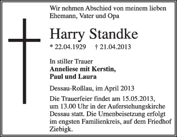 Traueranzeige von Harry Standke von Super Sonntag Dessau / Köthen