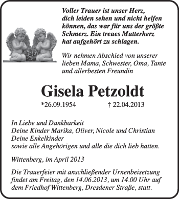 Traueranzeige von Gisela Petzoldt von WVG - Wochenspiegel Wittenberg