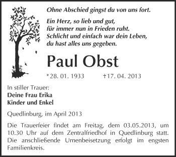 Traueranzeige von Paul Obst von WVG - Wochenspiegel Quedlinburg