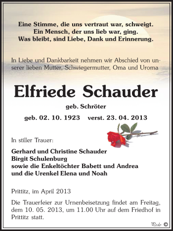 Traueranzeige von Elfriede Schauder von WVG - Wochenspiegel NMB / WSF / ZTZ