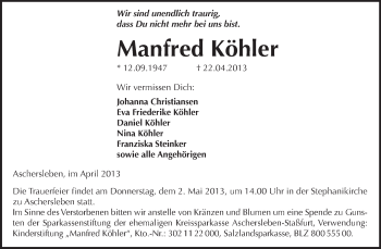 Traueranzeige von Manfred Köhler von WVG - Wochenspiegel Aschersleben
