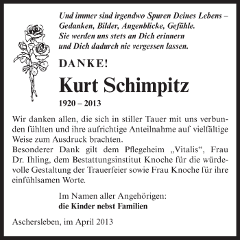 Traueranzeige von Kurt Schimpitz von WVG - Wochenspiegel Aschersleben