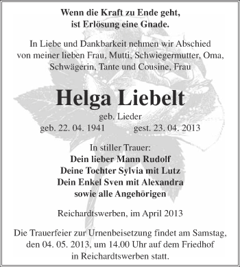 Traueranzeige von Helga Liebelt von WVG - Wochenspiegel NMB / WSF / ZTZ