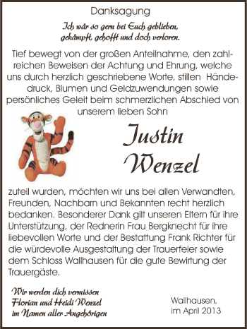 Traueranzeige von Justin Wenzel von WVG - Wochenspiegel SGH