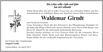 Traueranzeige von Waldemar Girndt von WVG - Wochenspiegel Aschersleben