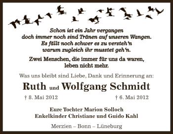 Traueranzeige von Ruth und Wolfgang Schmidt von WVG - Wochenspiegel Dessau / Köthen