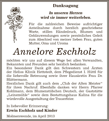 Traueranzeige von Annelore Eschholz von Wochenspiegel Mansfelder Land