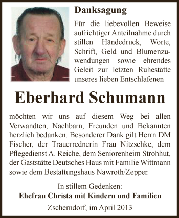 Traueranzeige von Eberhard Schumann von WVG - Wochenspiegel Bitterfeld