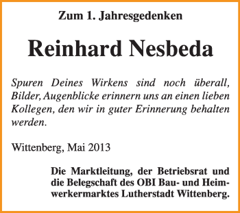 Traueranzeige von Reinhard Nesbeda von WVG - Wochenspiegel Wittenberg