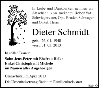 Traueranzeige von Dieter Schmidt von WVG - Wochenspiegel NMB / WSF / ZTZ