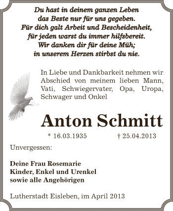 Traueranzeige von Anton Schmitt von Wochenspiegel Mansfelder Land