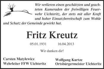 Traueranzeige von Fritz Kreutz von WVG - Wochenspiegel NMB / WSF / ZTZ