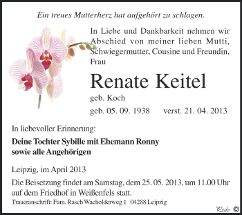 Traueranzeige von Renate Keitel von WVG - Wochenspiegel NMB / WSF / ZTZ