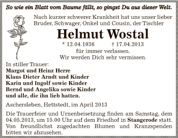 Traueranzeige von Helmut Wostal von Wochenspiegel Mansfelder Land