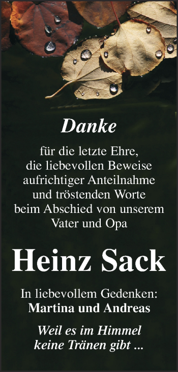 Traueranzeige von Heinz Sack von WVG - Wochenspiegel NMB / WSF / ZTZ