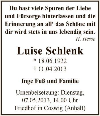 Traueranzeige von Luise Schlenk von WVG - Wochenspiegel Dessau / Köthen