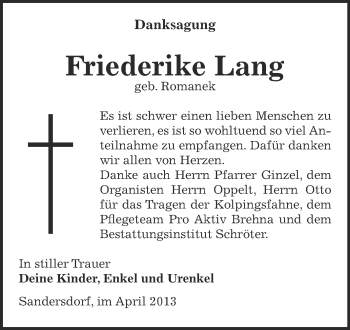 Traueranzeige von Friederike Lang von WVG - Wochenspiegel Bitterfeld