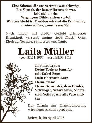 Traueranzeige von Laila Müller von WVG - Wochenspiegel Bitterfeld