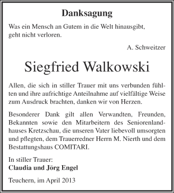 Traueranzeige von Siegfried Walkowski von WVG - Wochenspiegel NMB / WSF / ZTZ