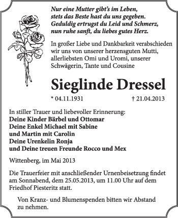 Traueranzeige von Sieglinde Dressel von WVG - Wochenspiegel Wittenberg