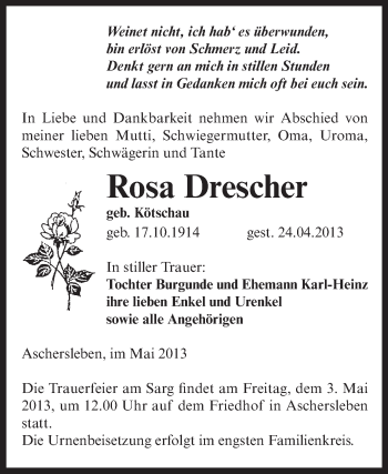 Traueranzeige von Rosa Drescher von WVG - Wochenspiegel Aschersleben