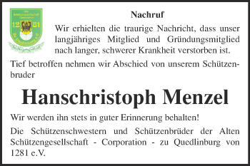 Traueranzeige von Hanschristoph Menzel von WVG - Wochenspiegel Quedlinburg