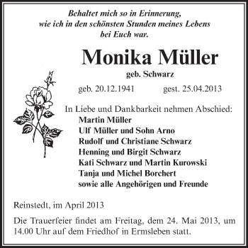 Traueranzeige von Monika Müller von WVG - Wochenspiegel Aschersleben