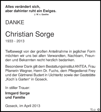 Traueranzeige von Christian Sorge von WVG - Wochenspiegel NMB / WSF / ZTZ