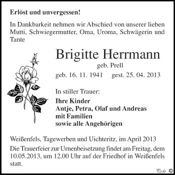 Traueranzeige von Brigitte Herrmann von WVG - Wochenspiegel NMB / WSF / ZTZ