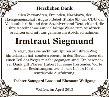 Traueranzeige von Irmtraut Siegmund von WVG - Wochenspiegel Bitterfeld