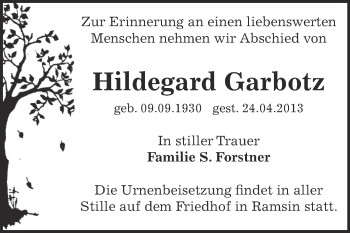 Traueranzeige von Hildegard Garbotz von WVG - Wochenspiegel Bitterfeld
