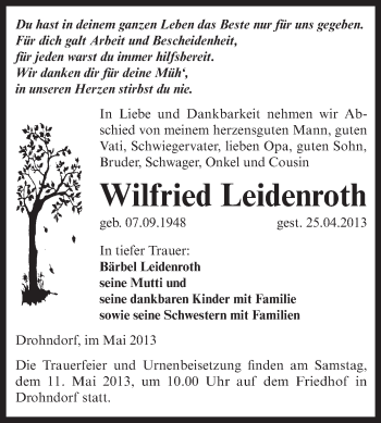 Traueranzeige von Wilfried Leidenroth von WVG - Wochenspiegel Aschersleben