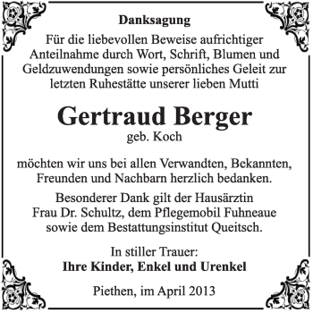 Traueranzeige von Gertraud Berger von Super Sonntag Dessau / Köthen