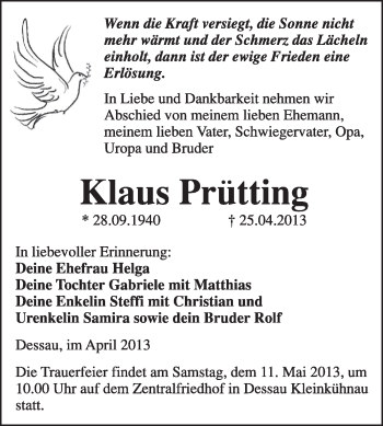 Traueranzeige von Klaus Prütting von Super Sonntag Dessau / Köthen