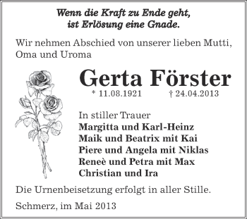 Traueranzeige von Gerta Förster von WVG - Wochenspiegel Bitterfeld