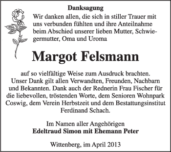 Traueranzeige von Margot Felsmann von Super Sonntag Wittenberg