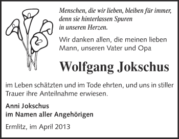 Traueranzeige von Wolfgang Jokschus von Super Sonntag Merseburg