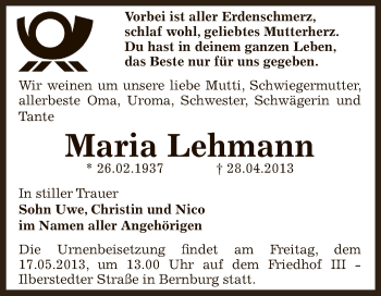 Traueranzeige von Maria Lehmann von Super Sonntag Bernburg