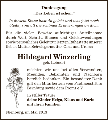 Traueranzeige von Hildegard Winzerling von Super Sonntag Bernburg