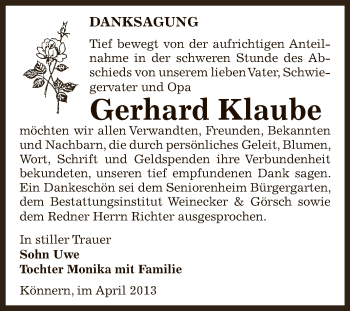Traueranzeige von Gerhard Klaube von Super Sonntag Bernburg