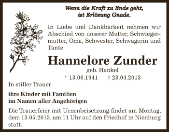 Traueranzeige von Hannelore Zunder von Super Sonntag Bernburg