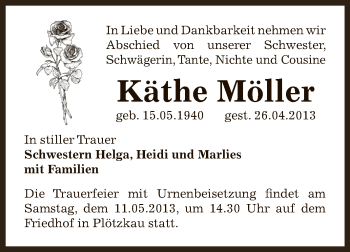 Traueranzeige von Käthe Möller von Super Sonntag Bernburg