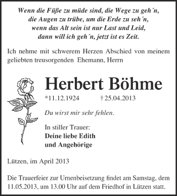 Traueranzeige von Herbert Böhme von WVG - Wochenspiegel Merseburg