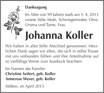 Traueranzeige von Johanna Koller von WVG - Wochenspiegel NMB / WSF / ZTZ