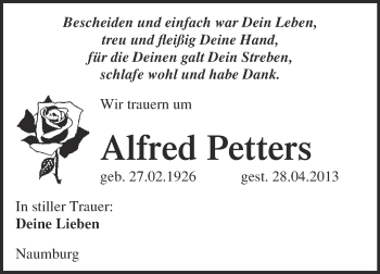 Traueranzeige von Alfred Petters von WVG - Wochenspiegel NMB / WSF / ZTZ