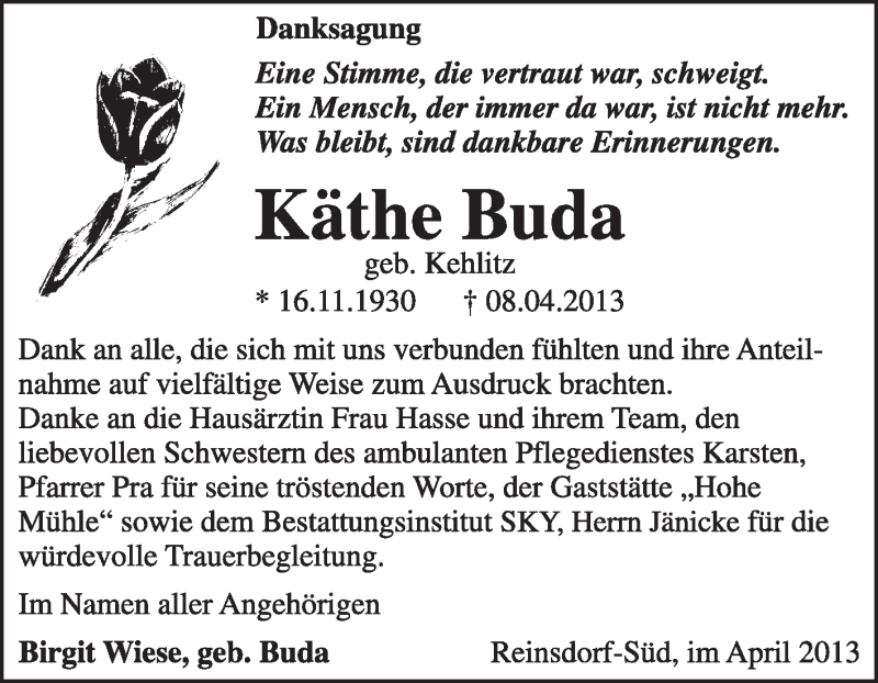  Traueranzeige für Käthe Buda vom 05.05.2013 aus Super Sonntag Wittenberg