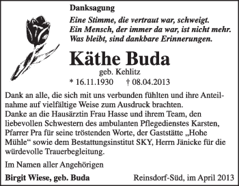Traueranzeige von Käthe Buda von Super Sonntag Wittenberg