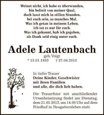 Traueranzeige von Adele Lautenbach von Super Sonntag Bernburg